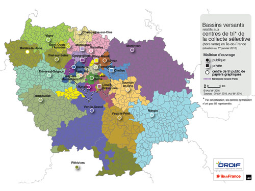 Bassins versants relatifs aux centres de tri de la collecte sélective (hors verre) en Île-de-France – situation au 01/01/2015